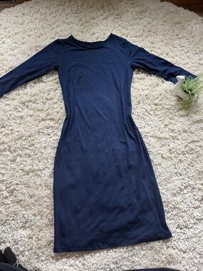 Slim-Fit Long Sleeve Navy super cute spring women’s Midi thick shaping Dress